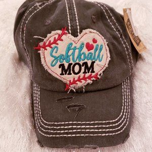 Grey & Blue 'Softball Mom' Distressed Ball Cap